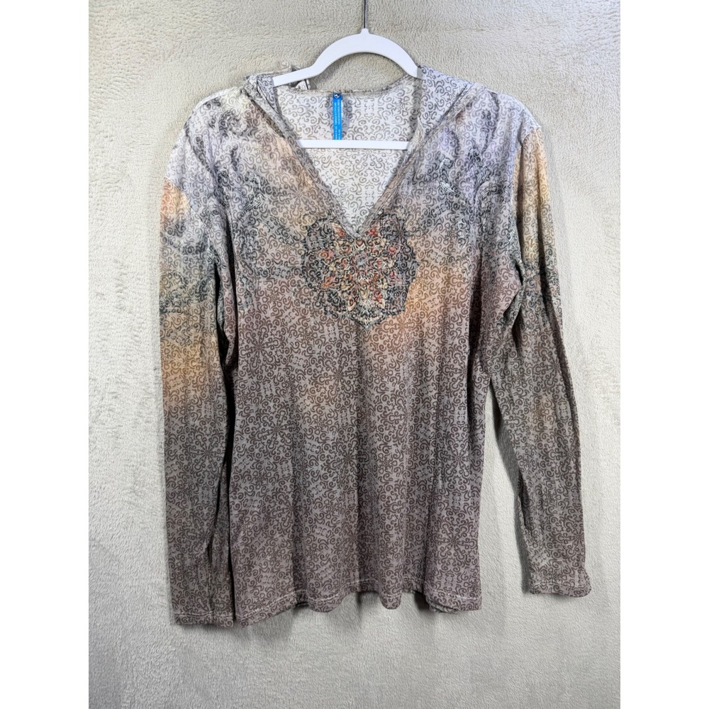 KUHL Hooded Top Women XL Brown Scroll Print Gorpcore Hiking Lightweight V-Neck